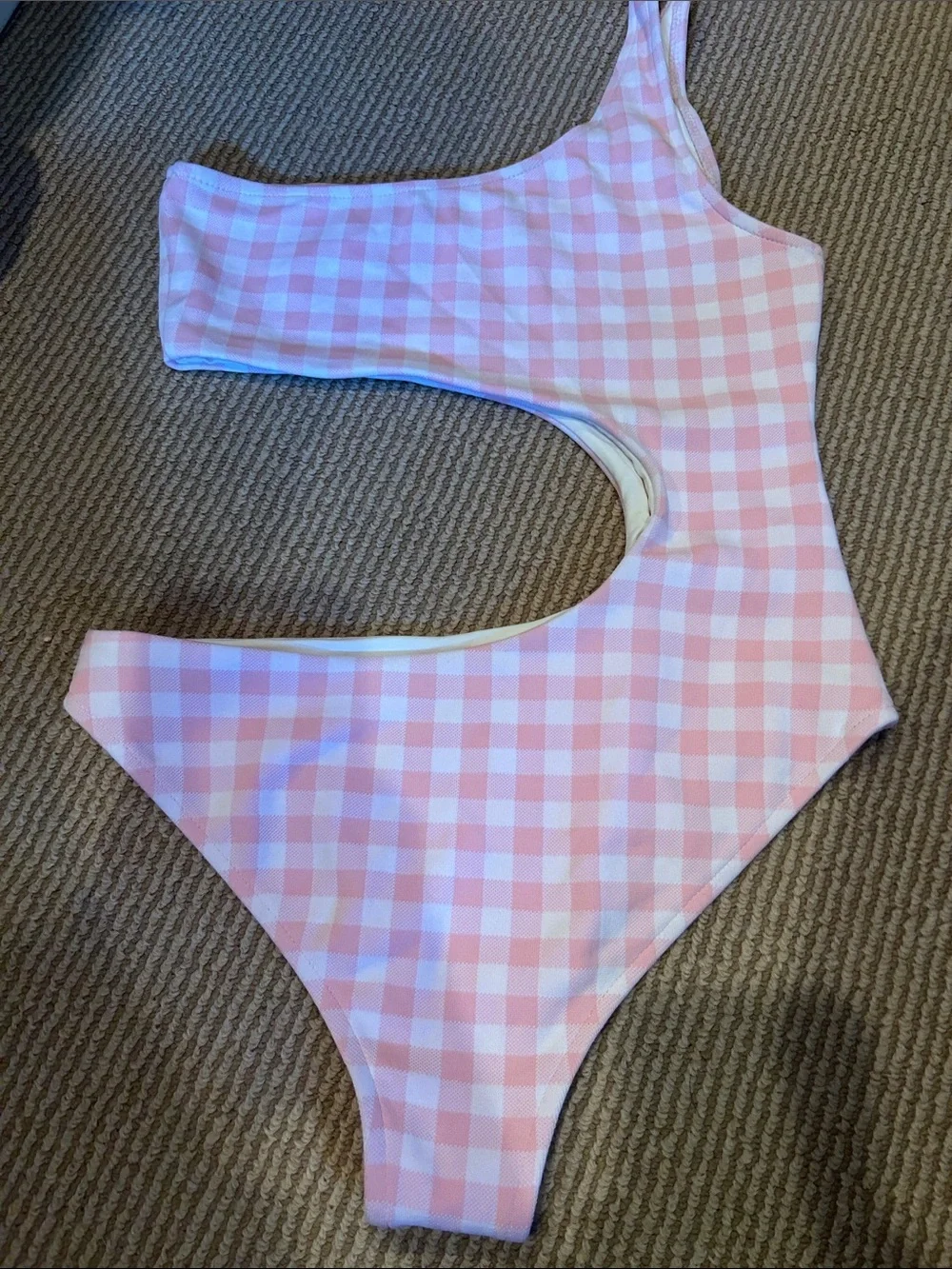 NWOT FRANKIES Bikinis cash one piece one shoulder in pink picnic gingham size S
